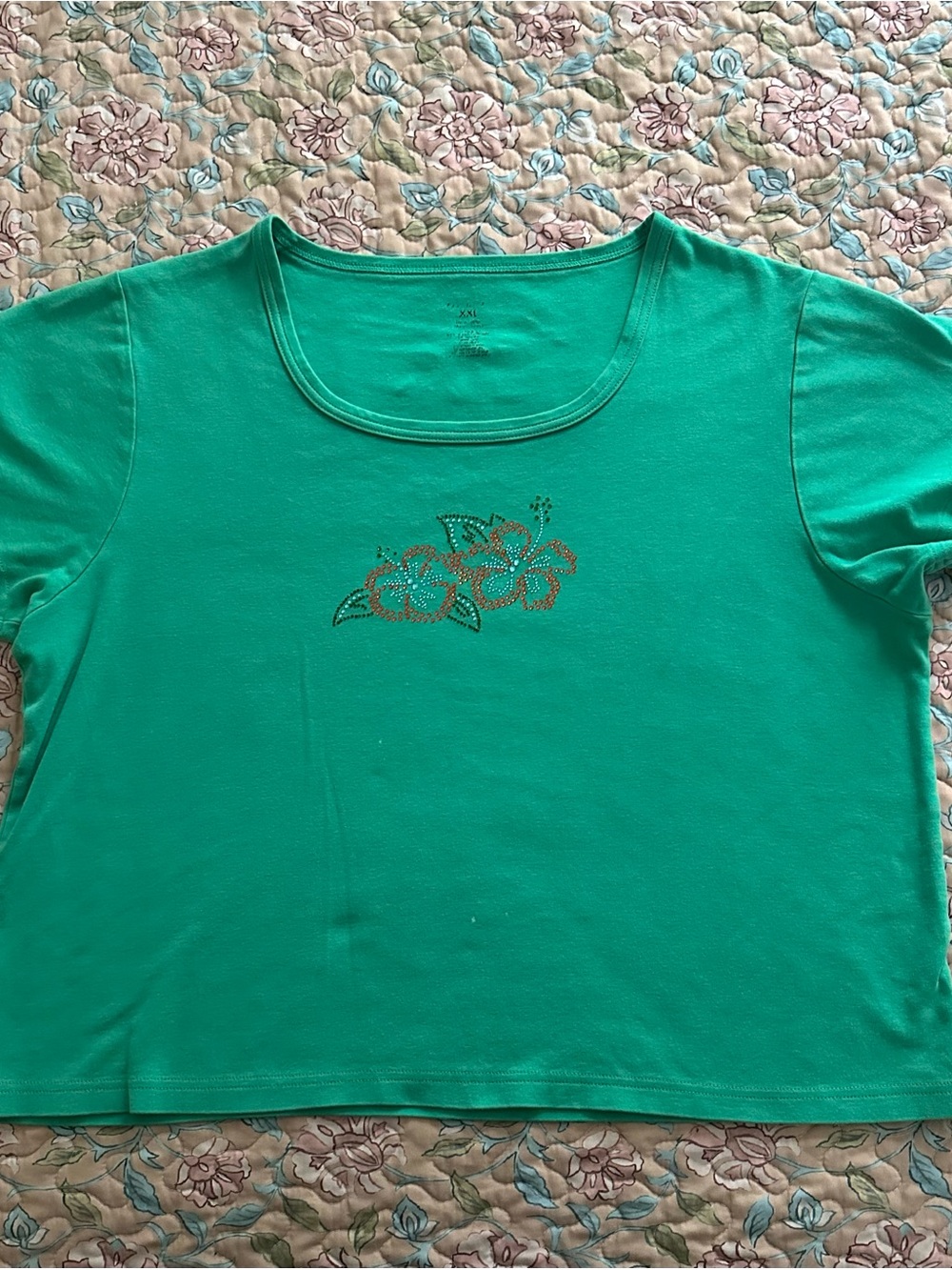 Teal Rhinestone Hawaiian Hibiscus Flower Short Sleeve Graphic Women’s Tee